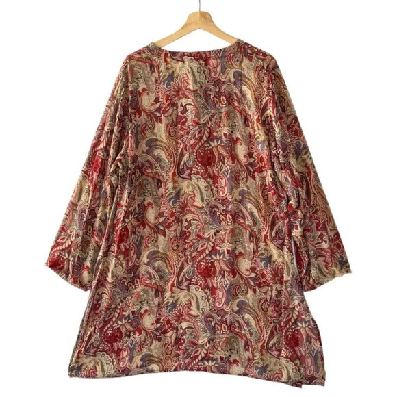 90s Vintage Papillon Tan Terracotta Paisley Print Pearl Button Loose Fit Tunic - Picture 3 of 7